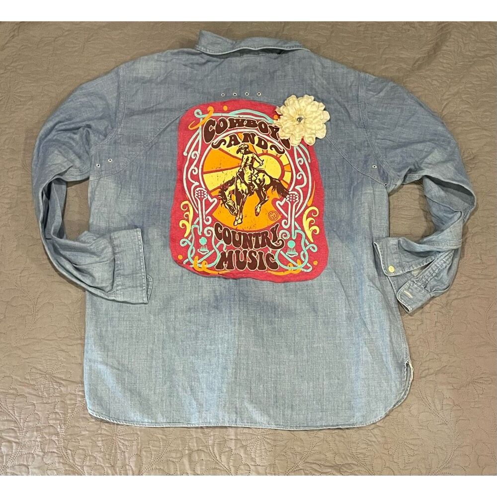 Feelin Groovy Upcycled Button Down Denim Top XL Cowboys Country Music
